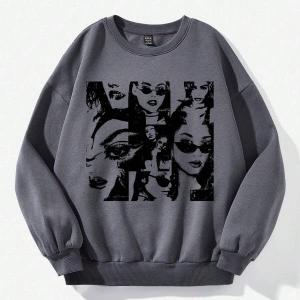 Figür Grafikli Düşük Omuzlu Termal Sweat Gri