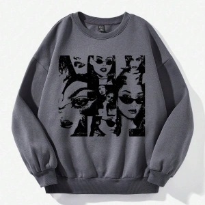 Figür Grafikli Düşük Omuzlu Termal Sweat Gri