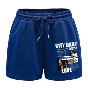 Figure and Slogan Graphic Drawstring Waist Track Şort