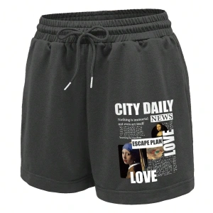 Figure and Slogan Graphic Drawstring Waist Track Şort