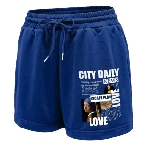 Figure and Slogan Graphic Drawstring Waist Track Şort