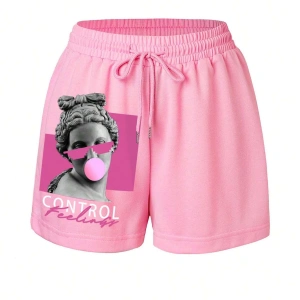 Figure & Letter Graphic Drawstring Waist Şort