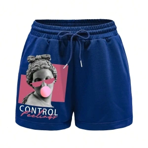 Figure & Letter Graphic Drawstring Waist Şort