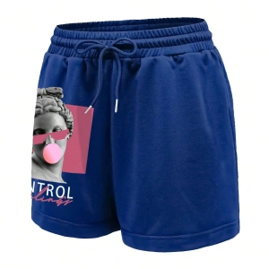 Figure & Letter Graphic Drawstring Waist Şort