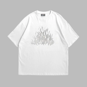 Flame Taş Baskılı Oversize Unisex Beyaz