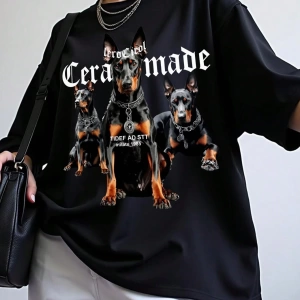 Flirla Büyük Boy Yuvarlak Yaka Kısa Kollu Doberman Pinscher Baskılı Tişört Grafik Tişörtler K