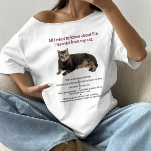 Flirla Kadın Bol Omuz Açık Tişört Y2k Grafik Büyük Boy Omuz Açık Tişört Grafik Tişörtler Kadı