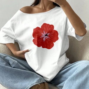 Flirla Kadın Bol Omuz Açık Tişört Y2k Grafik Büyük Boy Omuz Açık Tişört Grafik Tişörtler Kadı