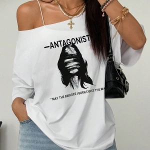 Flirla Kadın Bol Omuz Açık Tişört Y2k Grafik Büyük Boy Omuz Açık Tişört Grafik Tişörtler Kadı