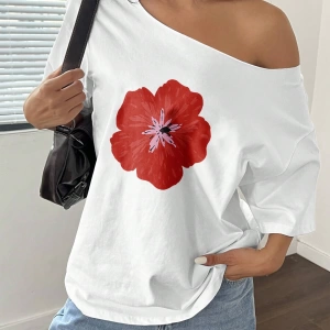 Flirla Kadın Bol Omuz Açık Tişört Y2k Grafik Büyük Boy Omuz Açık Tişört Grafik Tişörtler Kadı