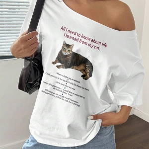 Flirla Kadın Bol Omuz Açık Tişört Y2k Grafik Büyük Boy Omuz Açık Tişört Grafik Tişörtler Kadı