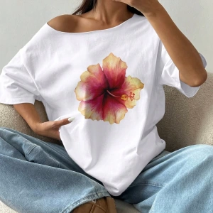 Flirla Kadın Bol Omuz Açık Tişört Y2k Grafik Büyük Boy Omuz Açık Tişört Grafik Tişörtler Kadı