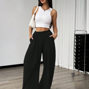 Flirla Kadın Günlük Düz Renk Geniş Paça Eşofman Altı