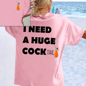 Flirla Kadın Yazlık Bol Kokteyl Pembe Kısa Kollu Tişört Grafik Tişörtler Kadın Üstleri