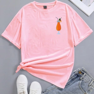 Flirla Kadın Yazlık Bol Kokteyl Pembe Kısa Kollu Tişört Grafik Tişörtler Kadın Üstleri
