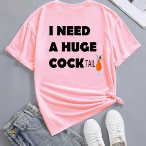 Flirla Kadın Yazlık Bol Kokteyl Pembe Kısa Kollu Tişört Grafik Tişörtler Kadın Üstleri