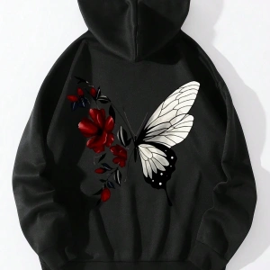 Floral & Butterfly Print Drawstring Lined Hoodie Siyah