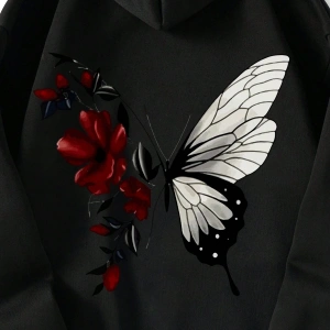 Floral & Butterfly Print Drawstring Lined Hoodie Siyah