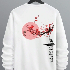 Floral & Japanese Letter Graphic Sweatshirt Beyaz
