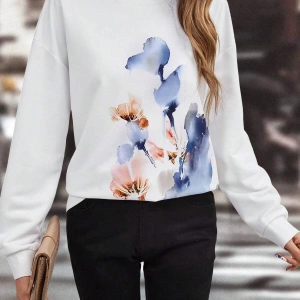 Floral Print Drop Shoulder Sweatshirt Beyaz
