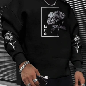 Flower Oversize Bisiklet Yaka Pamuklu Sweatshirt Siyah