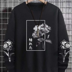 Flower Oversize Bisiklet Yaka Pamuklu Sweatshirt Siyah