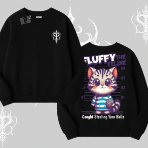 Fluffy The Feline Yazılı Sevimli Kedi Arka Baskılı Biskilet Sweatshirt