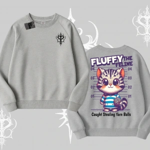 Fluffy The Feline Yazılı Sevimli Kedi Arka Baskılı Biskilet Sweatshirt