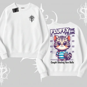 Fluffy The Feline Yazılı Sevimli Kedi Arka Baskılı Biskilet Sweatshirt