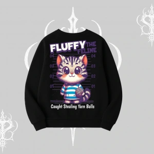 Fluffy The Feline Yazılı Sevimli Kedi Arka Baskılı Biskilet Sweatshirt