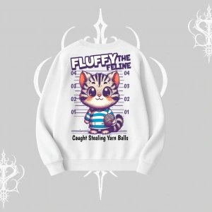 Fluffy The Feline Yazılı Sevimli Kedi Arka Baskılı Biskilet Sweatshirt