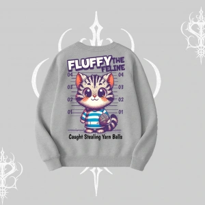 Fluffy The Feline Yazılı Sevimli Kedi Arka Baskılı Biskilet Sweatshirt