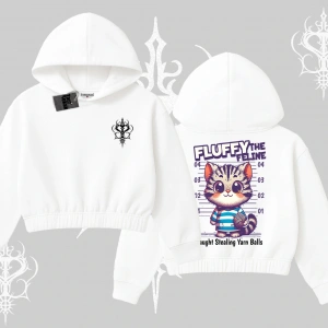 Fluffy The Feline Yazılı Sevimli Kedi Arka Baskılı Kapşonlu Crop Sweatshirt
