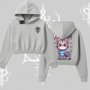 Fluffy The Feline Yazılı Sevimli Kedi Arka Baskılı Kapşonlu Crop Sweatshirt
