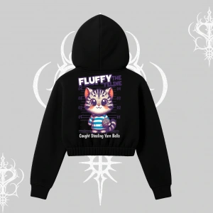 Fluffy The Feline Yazılı Sevimli Kedi Arka Baskılı Kapşonlu Crop Sweatshirt