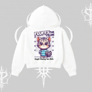 Fluffy The Feline Yazılı Sevimli Kedi Arka Baskılı Kapşonlu Crop Sweatshirt
