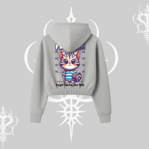 Fluffy The Feline Yazılı Sevimli Kedi Arka Baskılı Kapşonlu Crop Sweatshirt