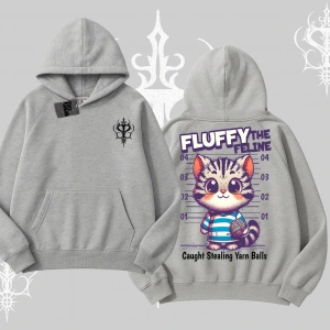 Fluffy The Feline Yazılı Sevimli Kedi Arka Baskılı Kapşonlu Sweatshirt