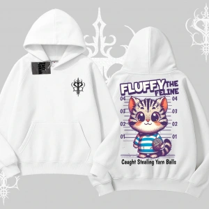 Fluffy The Feline Yazılı Sevimli Kedi Arka Baskılı Kapşonlu Sweatshirt