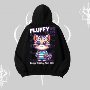 Fluffy The Feline Yazılı Sevimli Kedi Arka Baskılı Kapşonlu Sweatshirt
