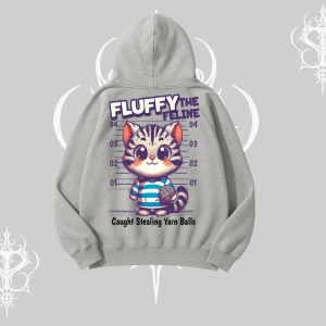 Fluffy The Feline Yazılı Sevimli Kedi Arka Baskılı Kapşonlu Sweatshirt