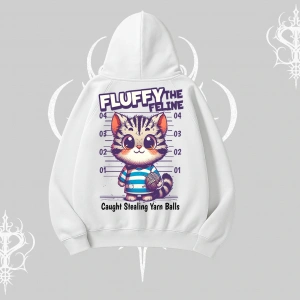 Fluffy The Feline Yazılı Sevimli Kedi Arka Baskılı Kapşonlu Sweatshirt