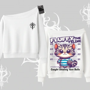 Fluffy The Feline Yazılı Sevimli Kedi Arka Baskılı Kayık Yaka Sweatshirt