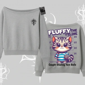 Fluffy The Feline Yazılı Sevimli Kedi Arka Baskılı Kayık Yaka Sweatshirt