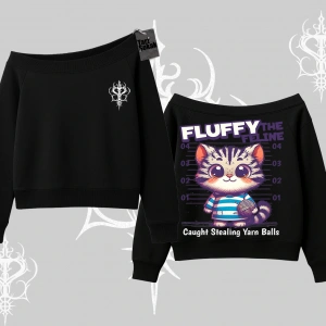 Fluffy The Feline Yazılı Sevimli Kedi Arka Baskılı Kayık Yaka Sweatshirt