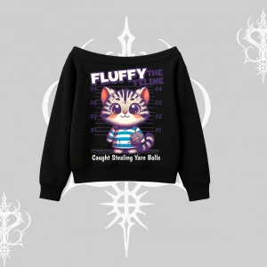 Fluffy The Feline Yazılı Sevimli Kedi Arka Baskılı Kayık Yaka Sweatshirt