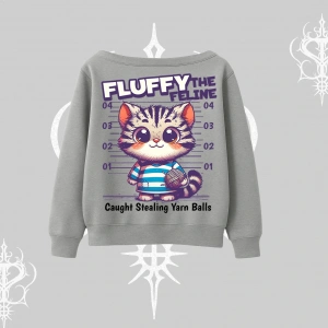 Fluffy The Feline Yazılı Sevimli Kedi Arka Baskılı Kayık Yaka Sweatshirt