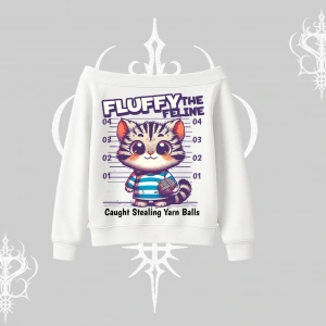 Fluffy The Feline Yazılı Sevimli Kedi Arka Baskılı Kayık Yaka Sweatshirt