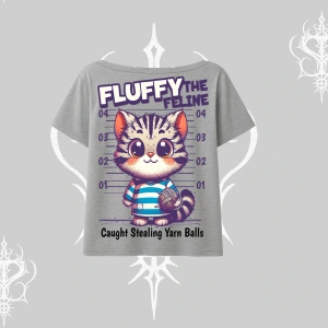 Fluffy The Feline Yazılı Sevimli Kedi Arka Baskılı Kayık Yaka Tshirt