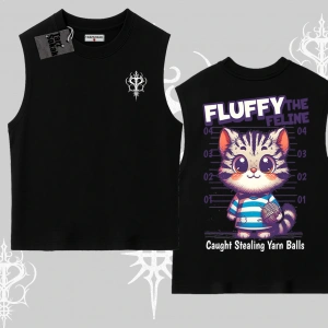 Fluffy The Feline Yazılı Sevimli Kedi Arka Baskılı Kolsuz Tshirt